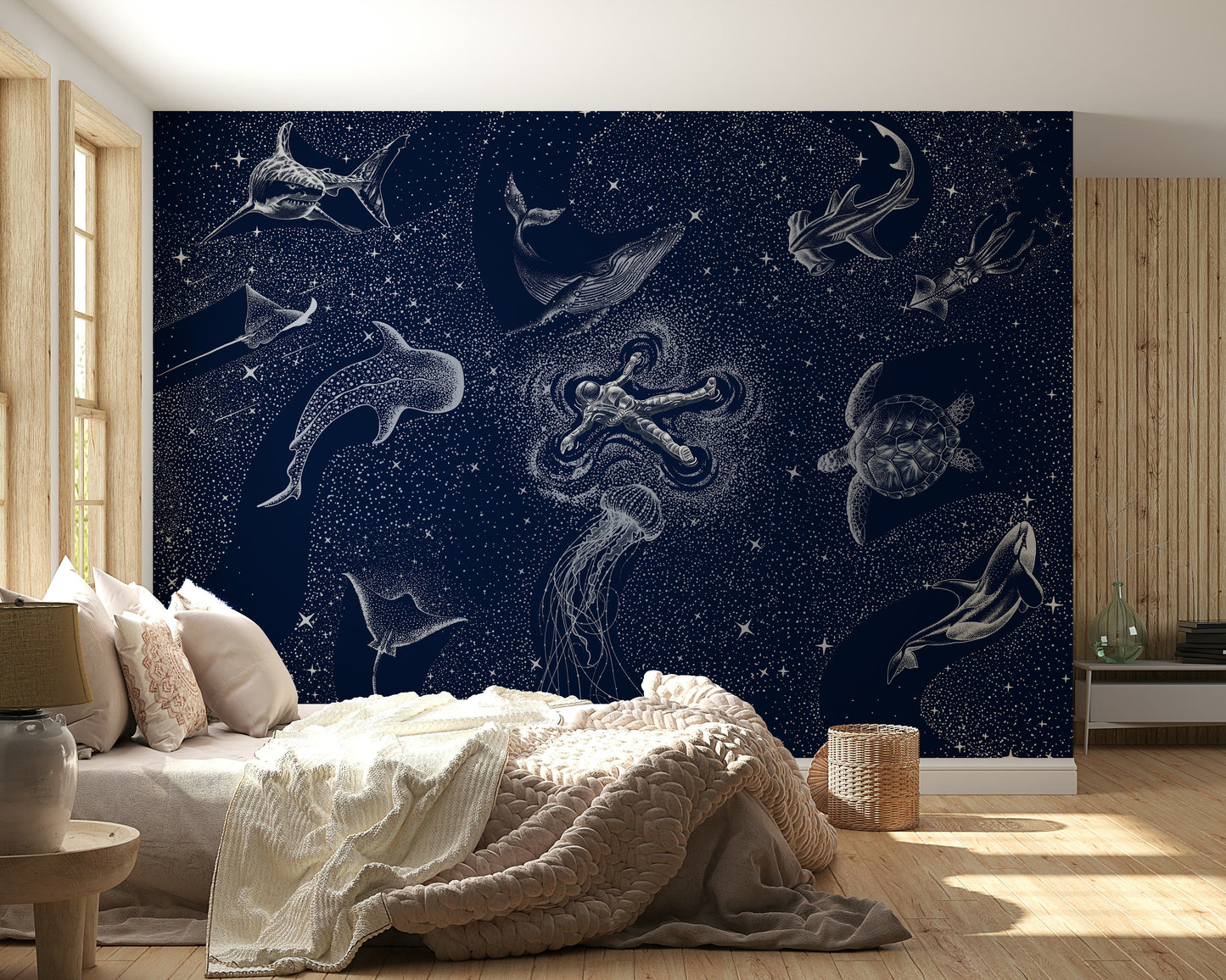 A graceful subtle pattern wall mural in cool, dark tones.