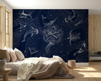A graceful subtle pattern wall mural in cool, dark tones.