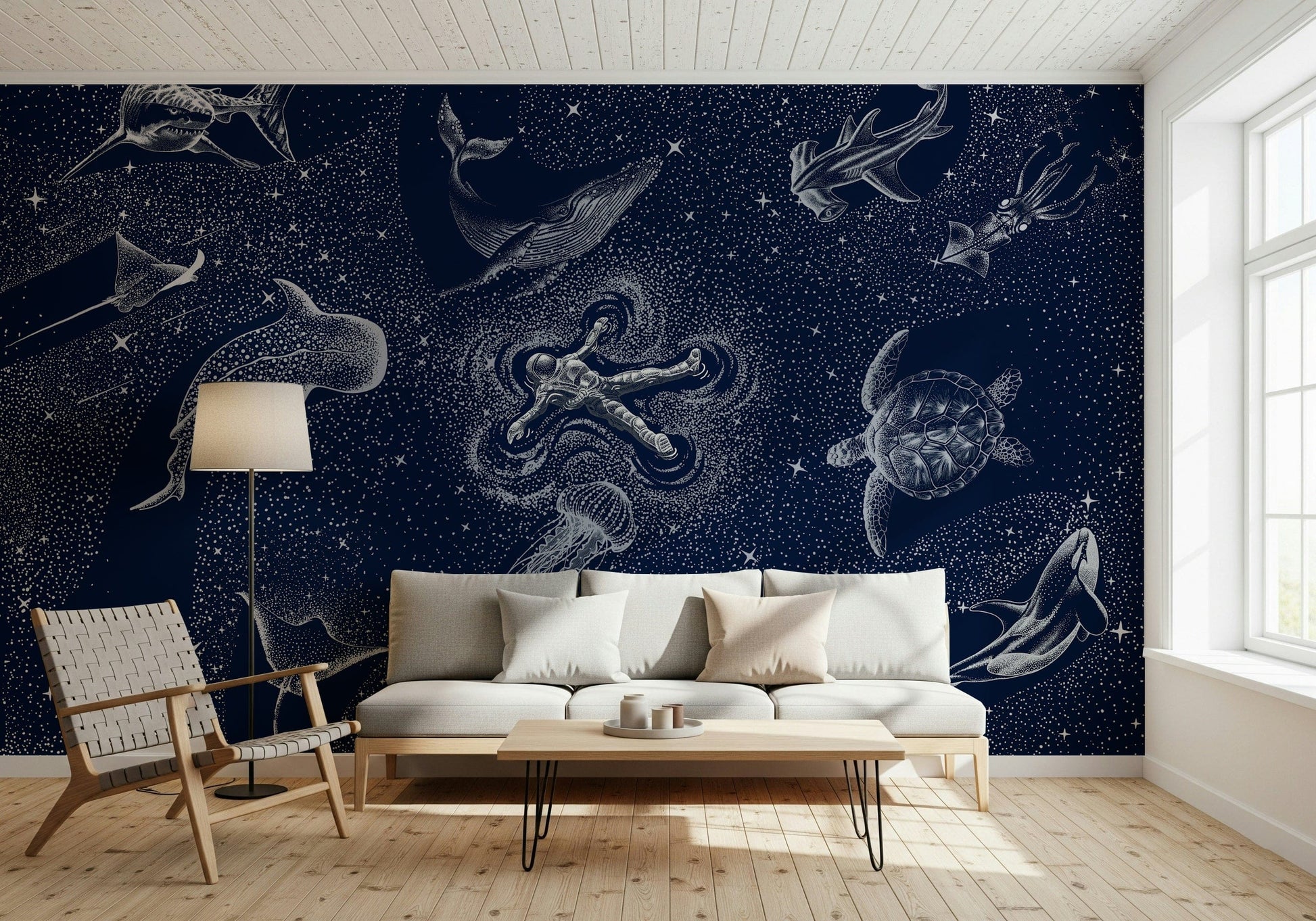 An artistic fluid pattern mural on minimalist wallpaper.