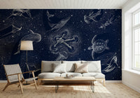 An artistic fluid pattern mural on minimalist wallpaper.