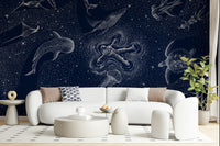 A beautiful abstract ocean wallpaper mural with cosmic light and stars.