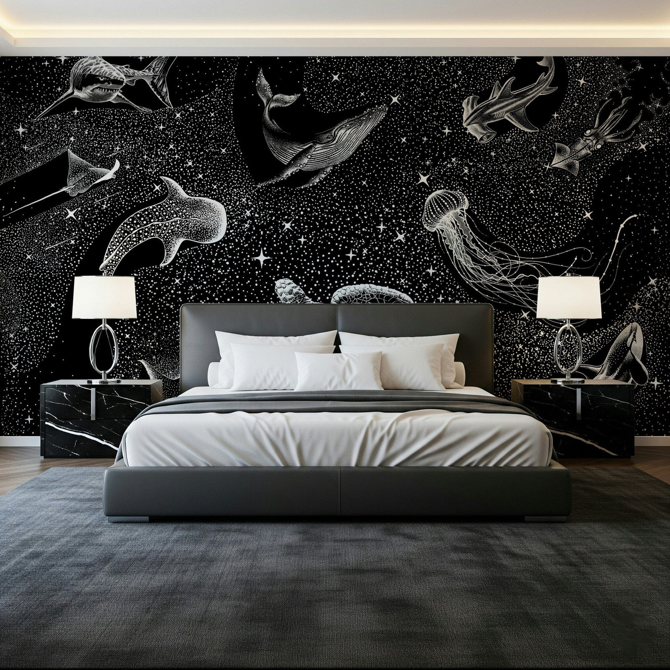 A peaceful open universe mural on decorative wallpaper.