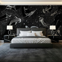 A peaceful open universe mural on decorative wallpaper.