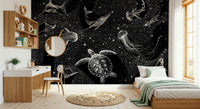 A graceful subtle star pattern wall mural in dark, dramatic tones.