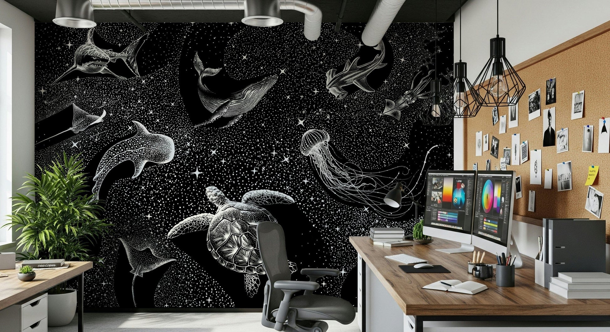 An artistic abstract galaxy mural on minimalist wallpaper.