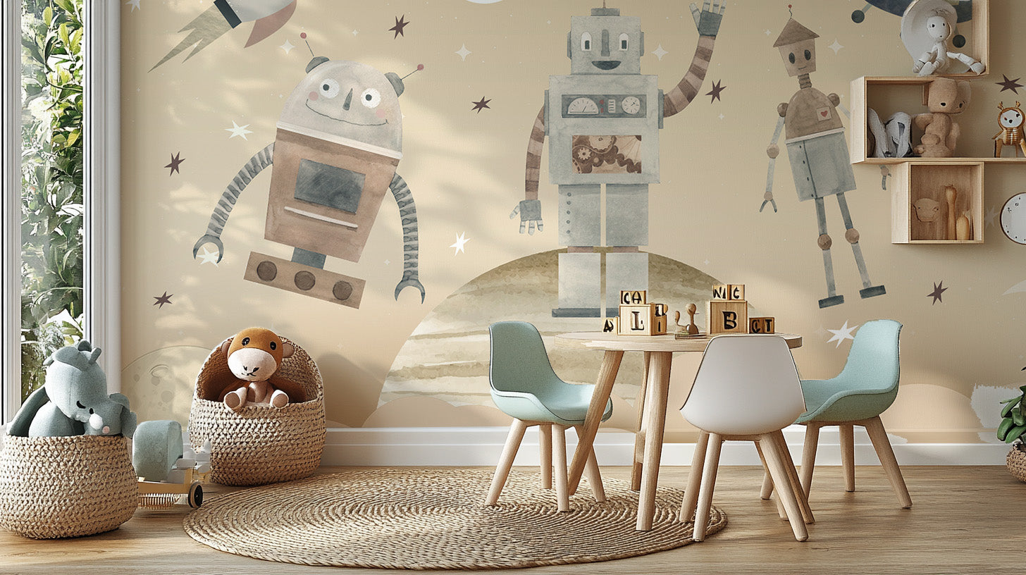 Cosmic Robots wallpaper mural in beige with cute robots above a round kids table and mint chairs