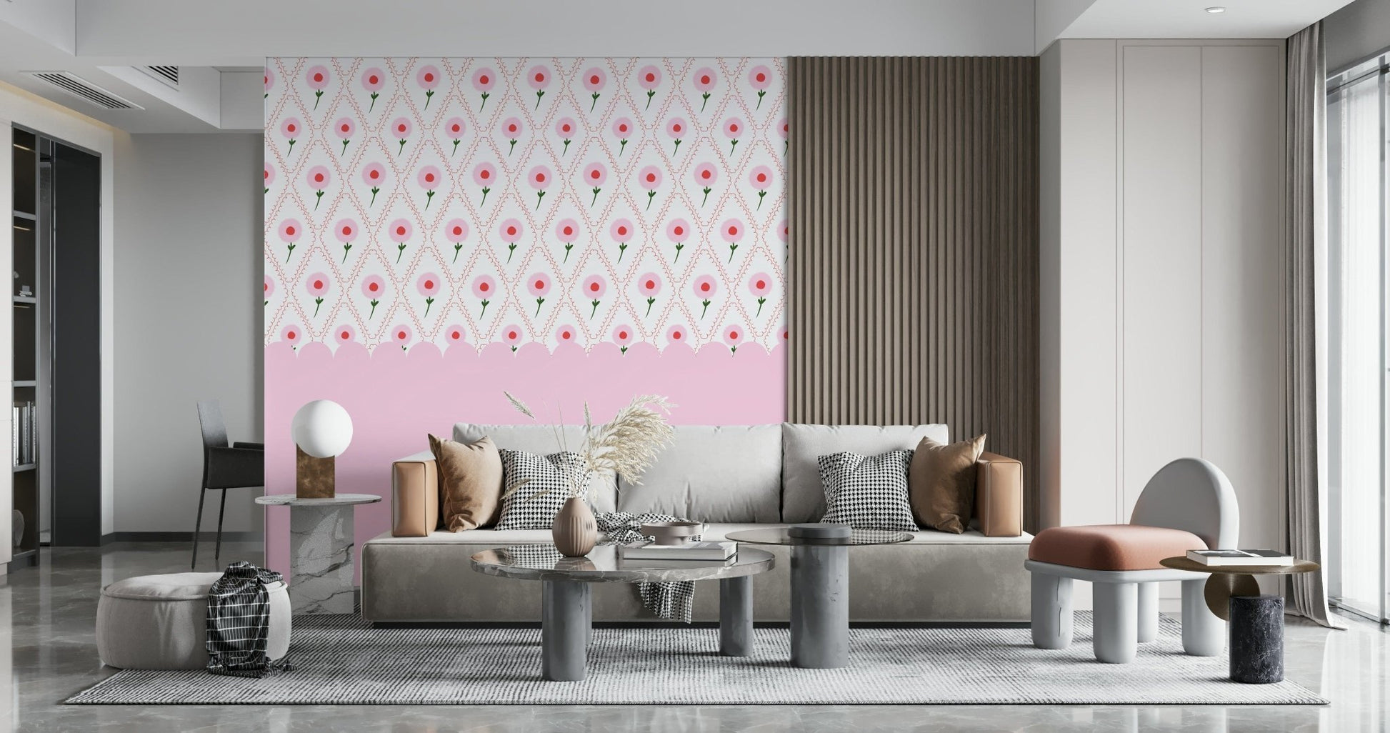 Interior design mockup of a studio apartment with large scale flower wall art.
