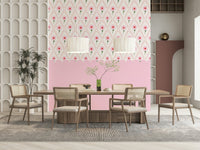 Modern hallway styling using a large botanical mural in soft colors.