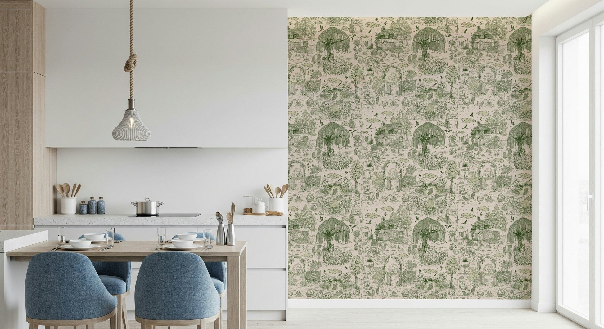 Wallpaper with romantic rural scenery, cottages, and floral details in cottagecore style.