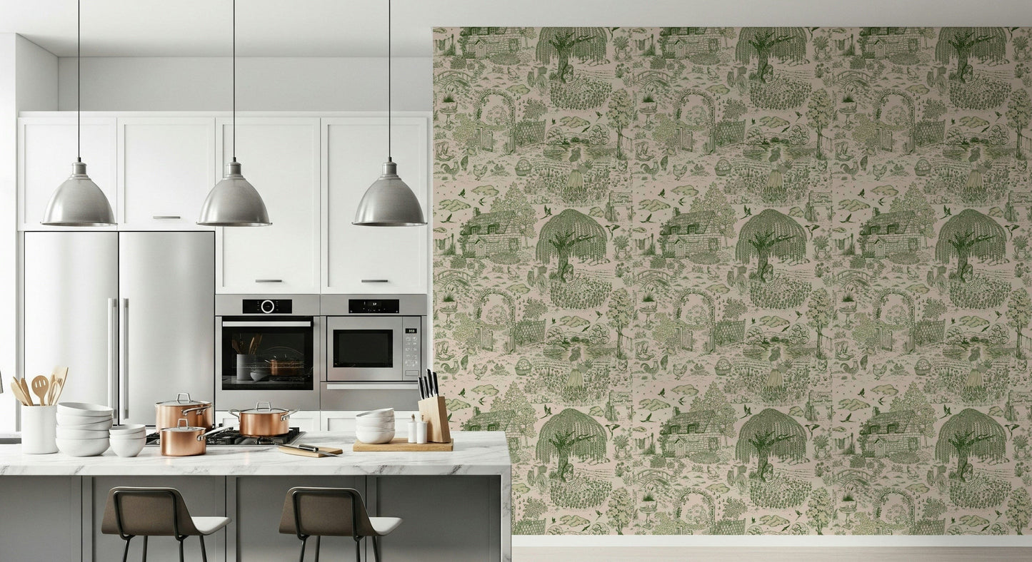 Decorative mural with dreamy countryside elements for a cozy, cottagecore interior.