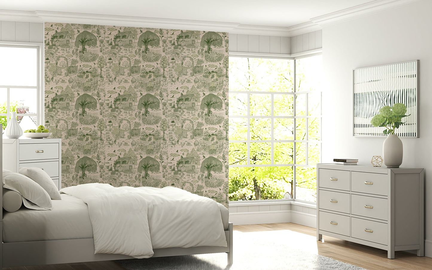 Artistic wallpaper featuring idyllic cottages, forests, and flowering gardens.