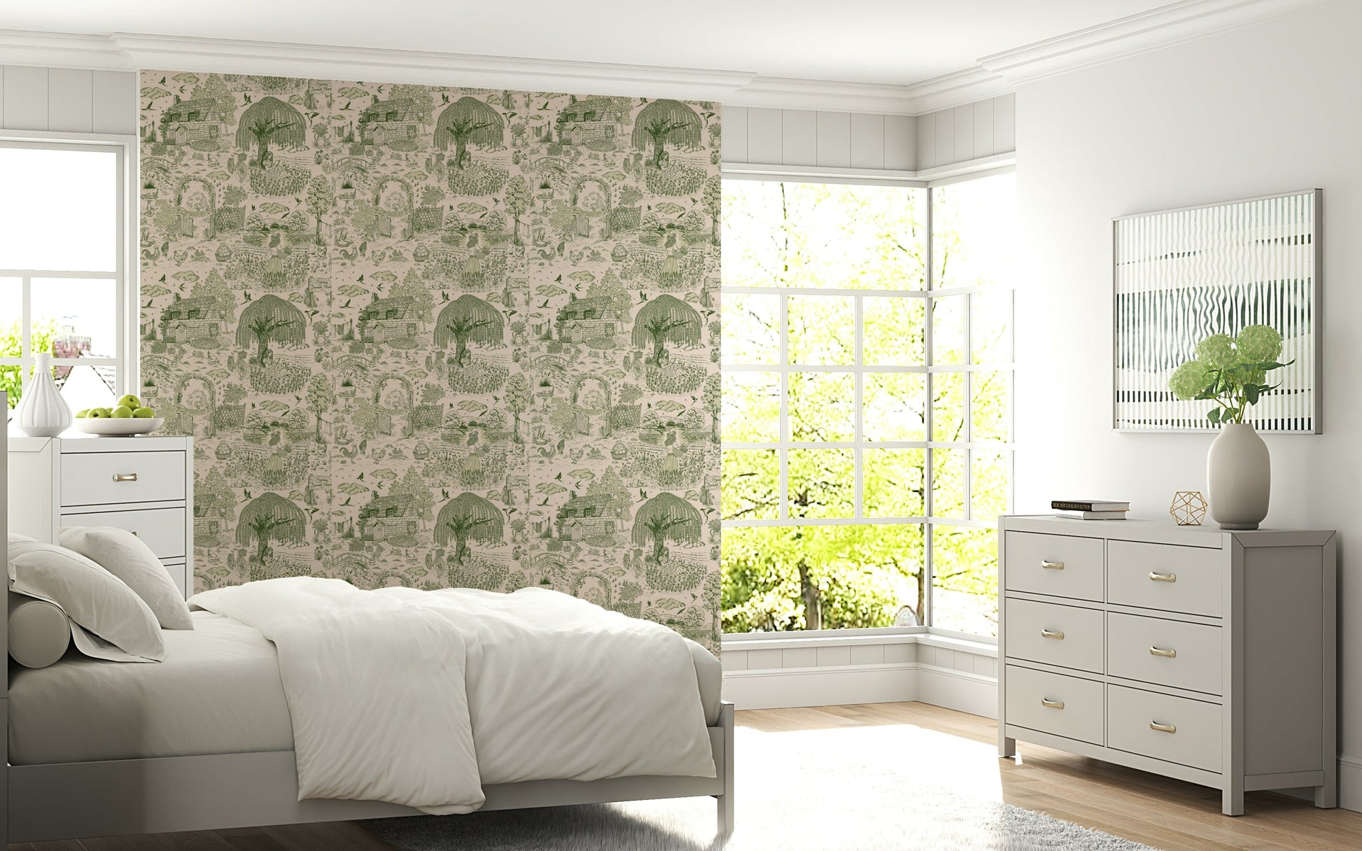 Artistic wallpaper featuring idyllic cottages, forests, and flowering gardens.