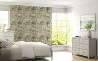 Artistic wallpaper featuring idyllic cottages, forests, and flowering gardens.