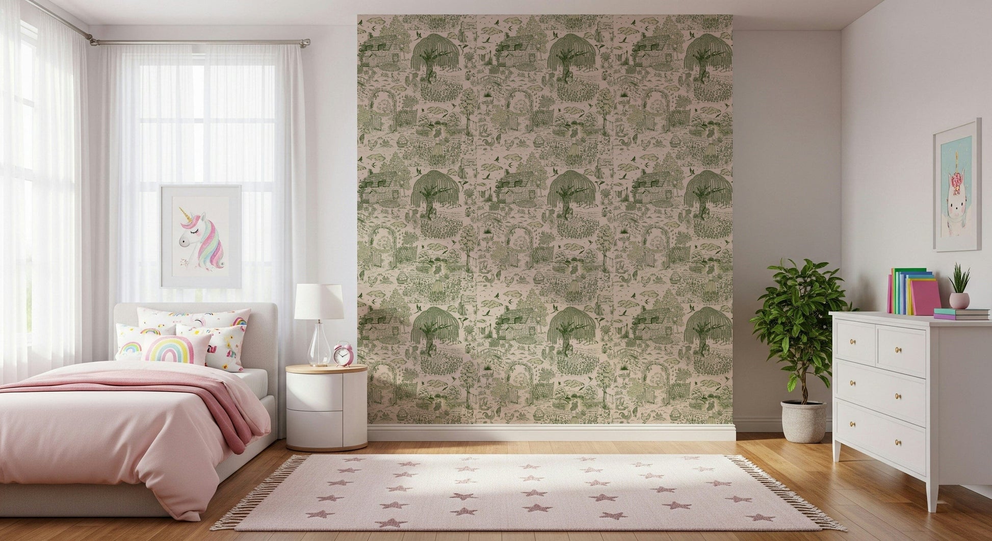 Whimsical wallpaper with floral patterns, cottages, and a dreamy rural aesthetic.
