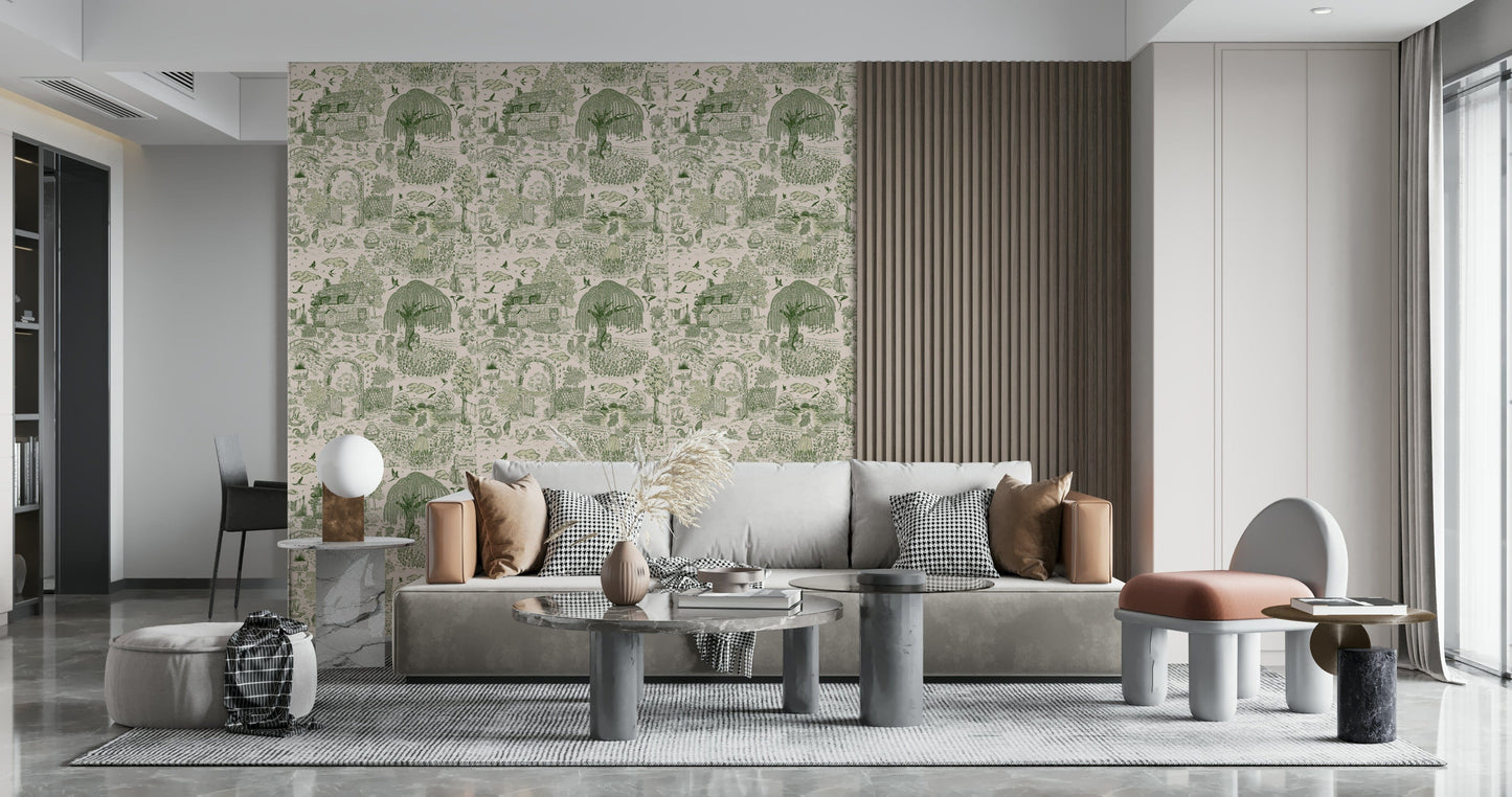 Decorative wall mural with dreamy countryside scenes in delicate, cottagecore style.