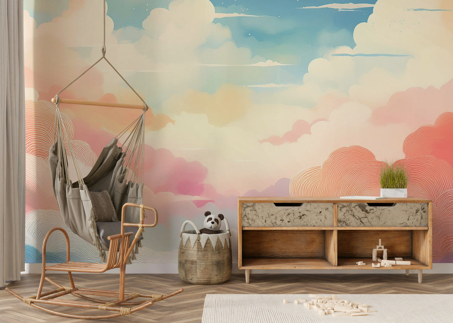 Contemporary wall decor featuring whimsical cloud formations for a playroom.