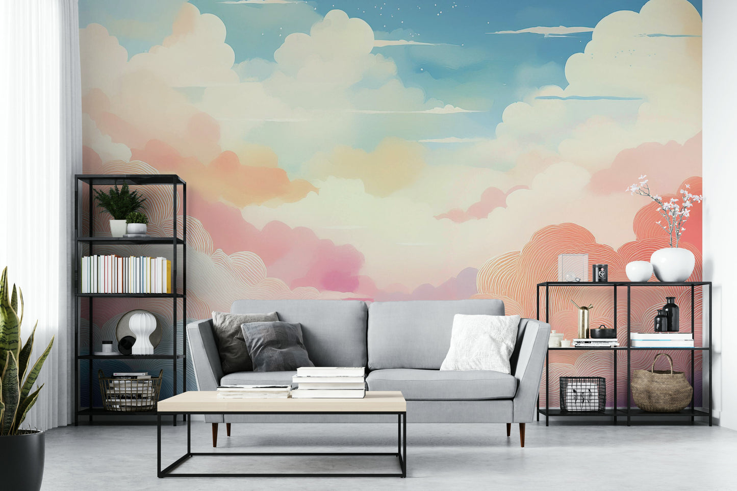 Large scale sky mural with a soft matte finish in a home office.