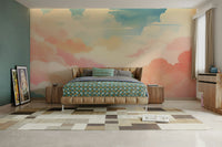 Pastel sky wallpaper design for a minimalist master bedroom feature wall.