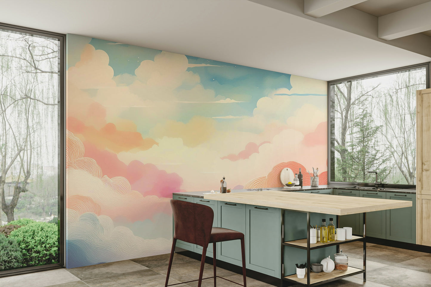 Dreamy cotton candy clouds wall mural behind a white sofa in a bright apartment.