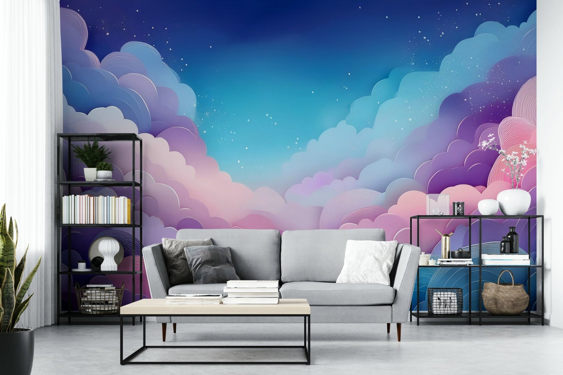 Calming pastel cloud wall mural in bedroom setting

