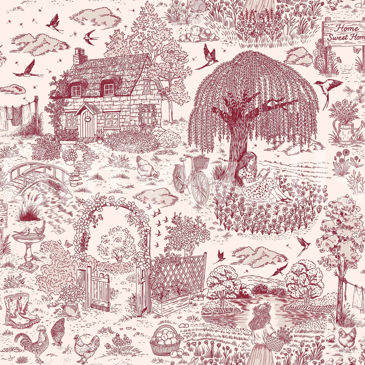 Homely Toile wallpaper, sweet Country Charm illustration.