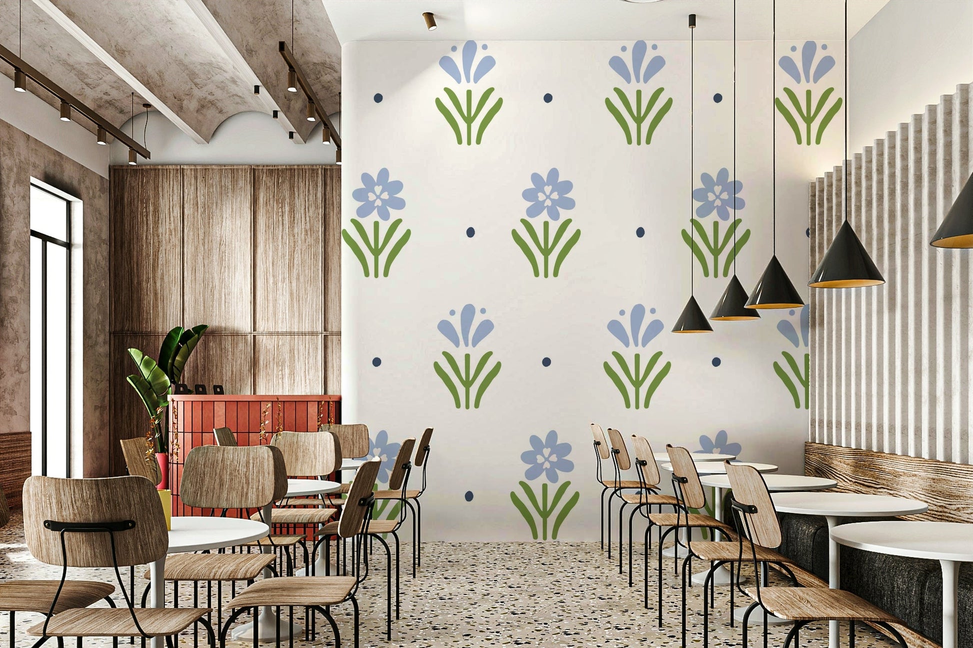 Soft blue floral wallpaper perfect for country-inspired rooms.

