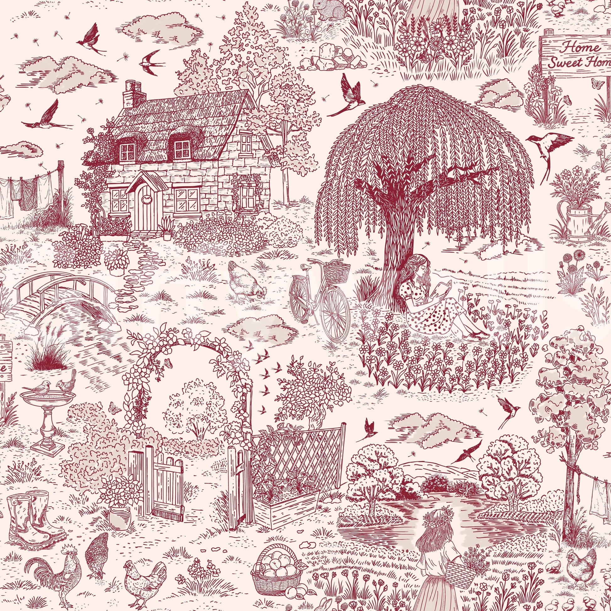 Homely Toile wallpaper, sweet Country Charm illustration.