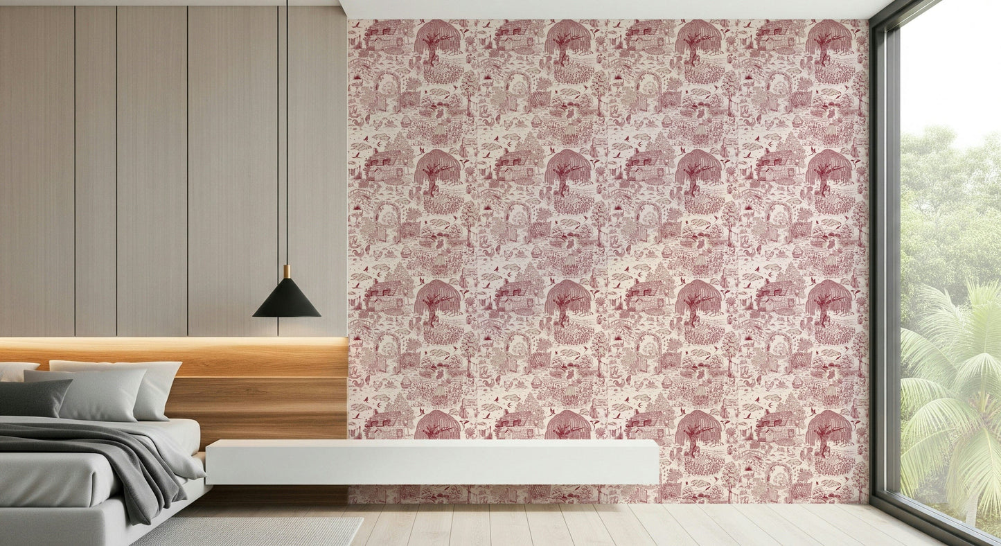 Timeless Country Charm Toile motif, scenic drawing.