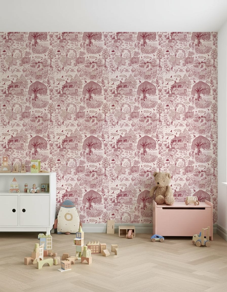 Whimsical Country Charm Toile, engaging rural print.