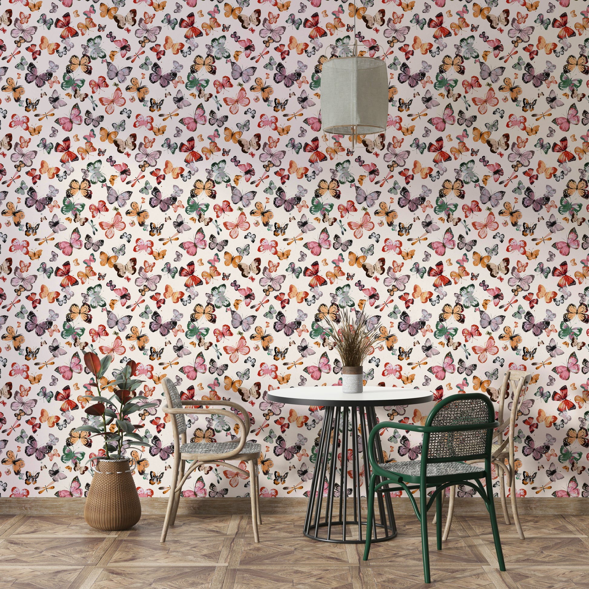 Cheerful countryside wall covering with fluttering butterflies

