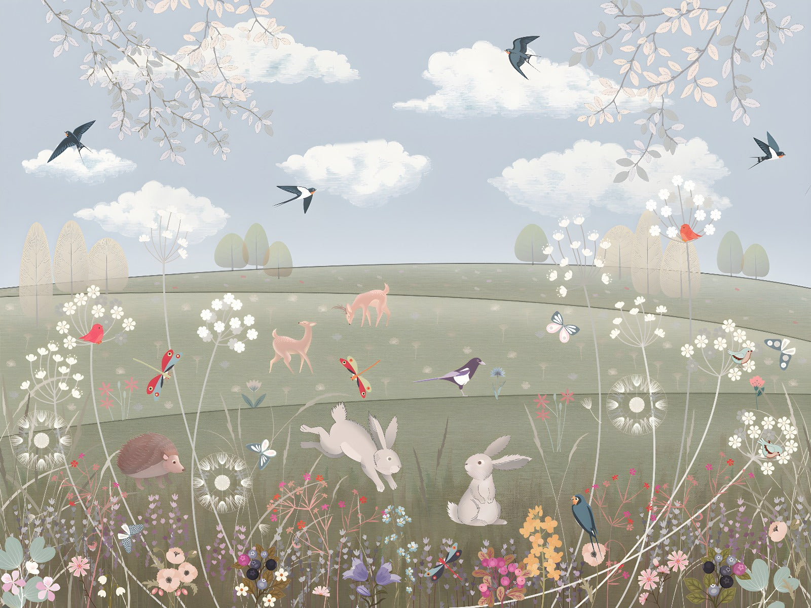 Countryside Canopy Enchanted Garden Watercolor Mural in your room — zoomed