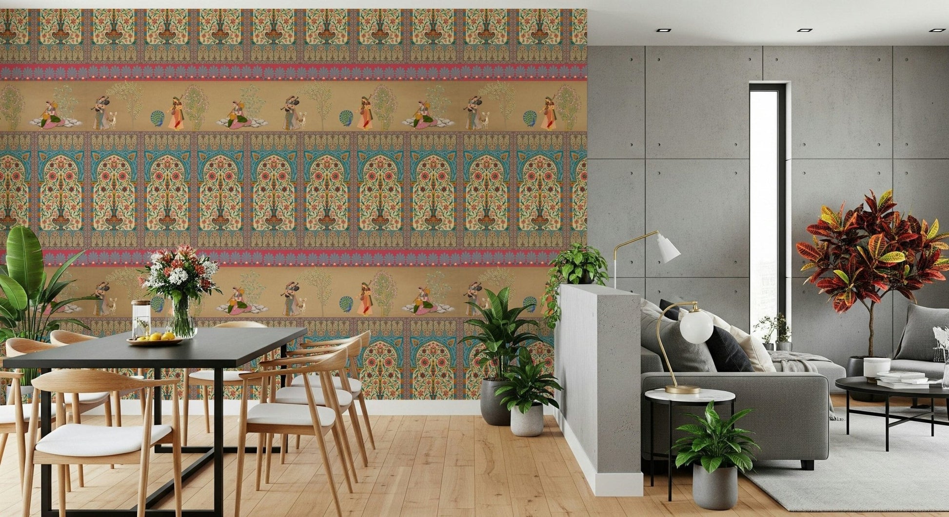 Neutral color palette wall decor for a high-end apartment entryway.