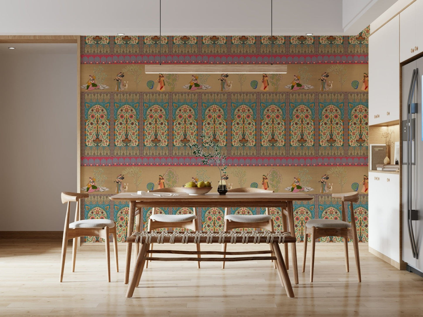 Sophisticated apartment feature wall with a scenic landscape wallpaper.