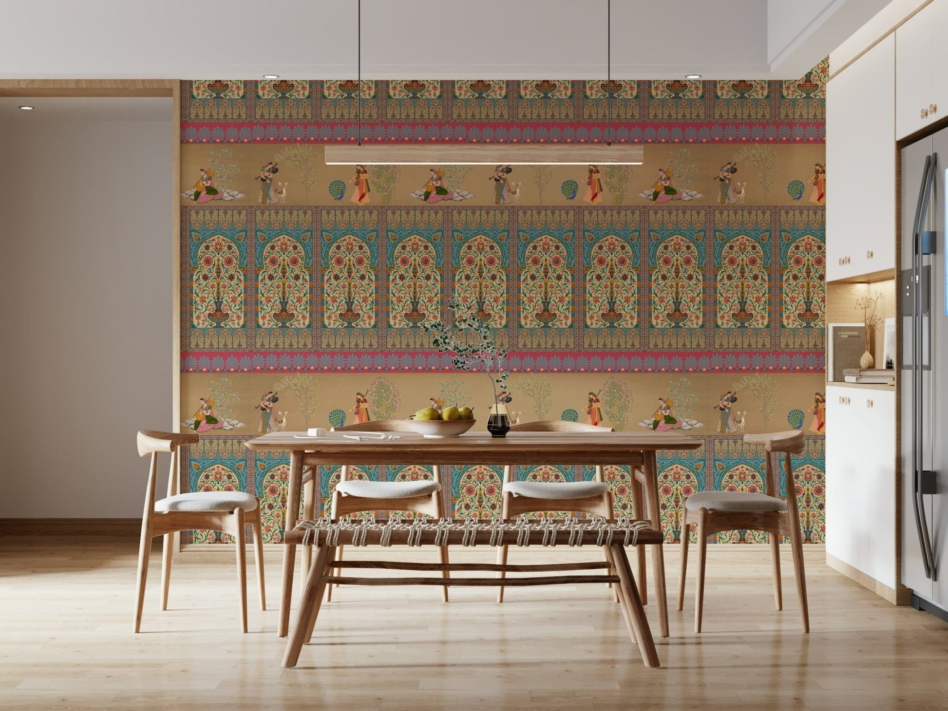 Sophisticated apartment feature wall with a scenic landscape wallpaper.