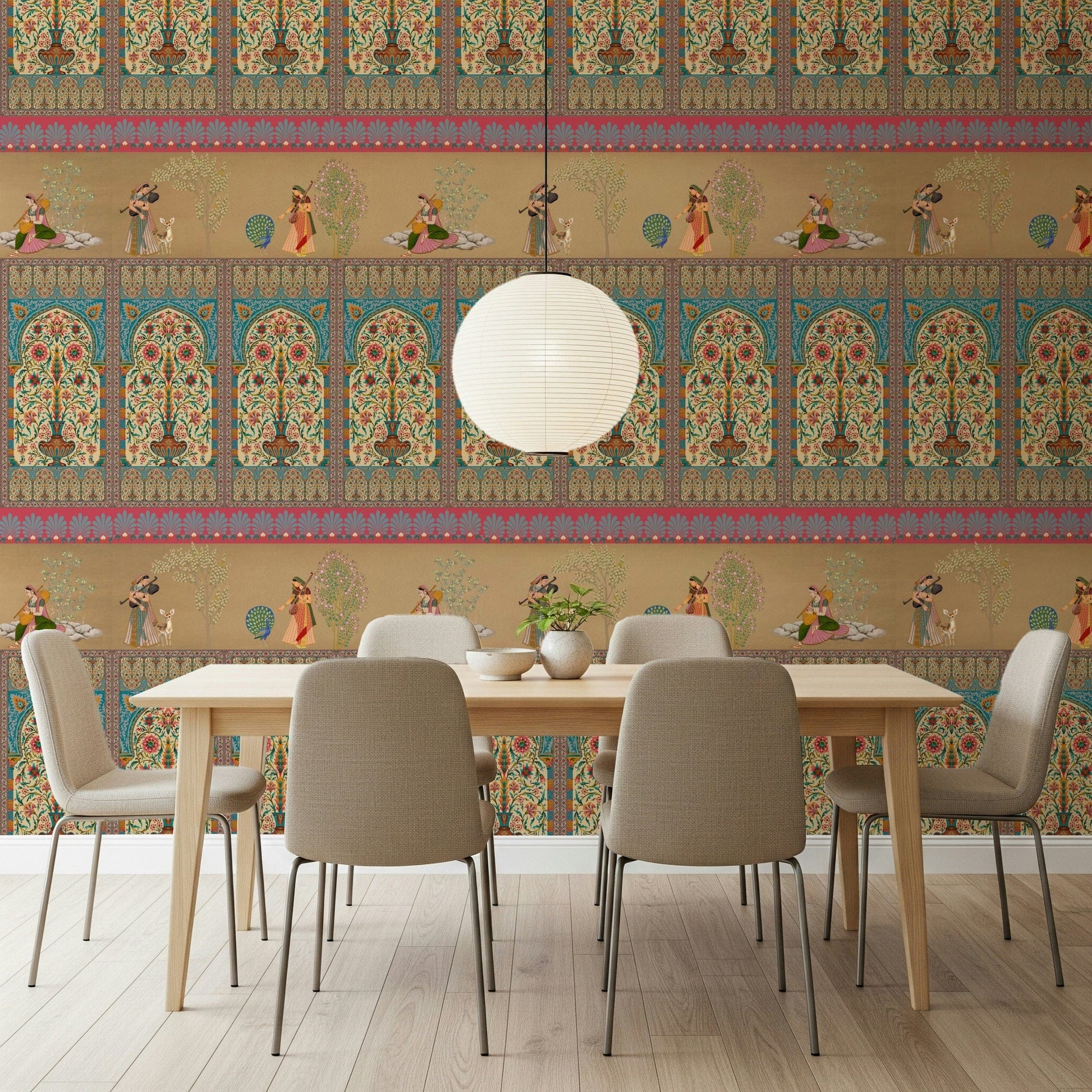 Close up of the hand-painted style illustrations in the Courtly Serenade design.