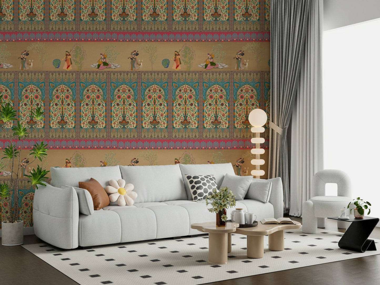 Classic pastoral scene mural in a home office with dark wood furniture.