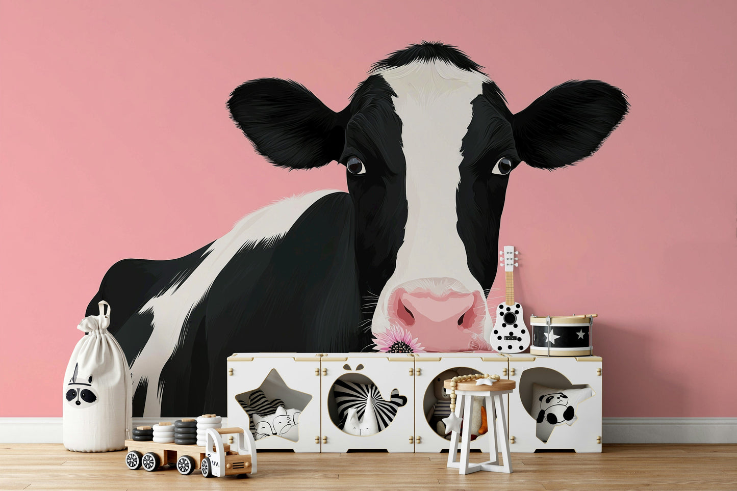A classic farmhouse mural with a cow pattern.