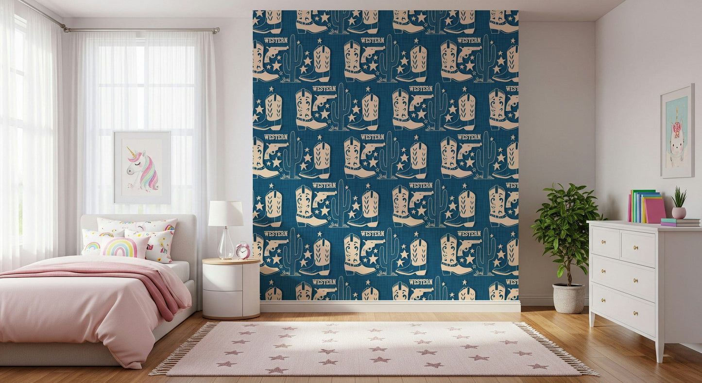 Western-inspired wallpaper with stylized cowboy symbols and muted beige tones.