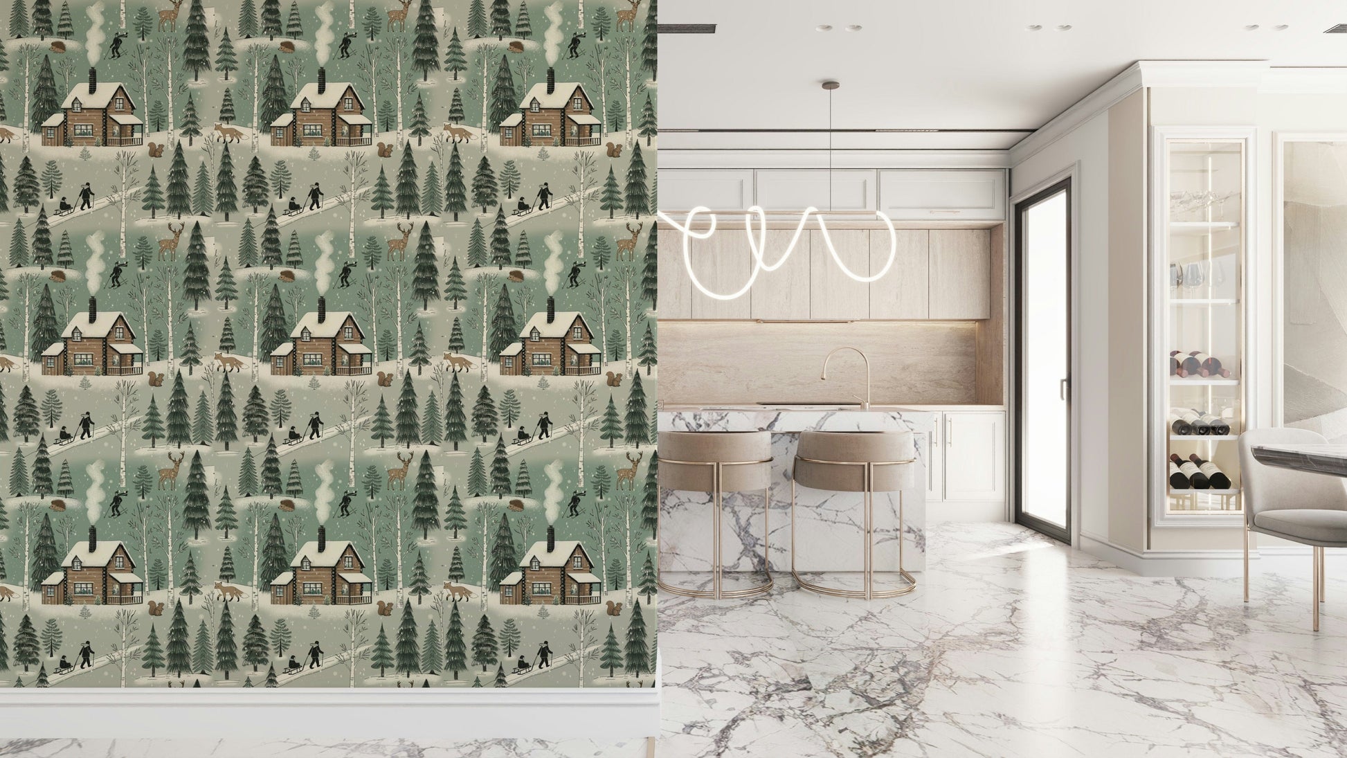Winter Cabin Charm wall covering adding seasonal warmth and cozy aesthetic to interiors.