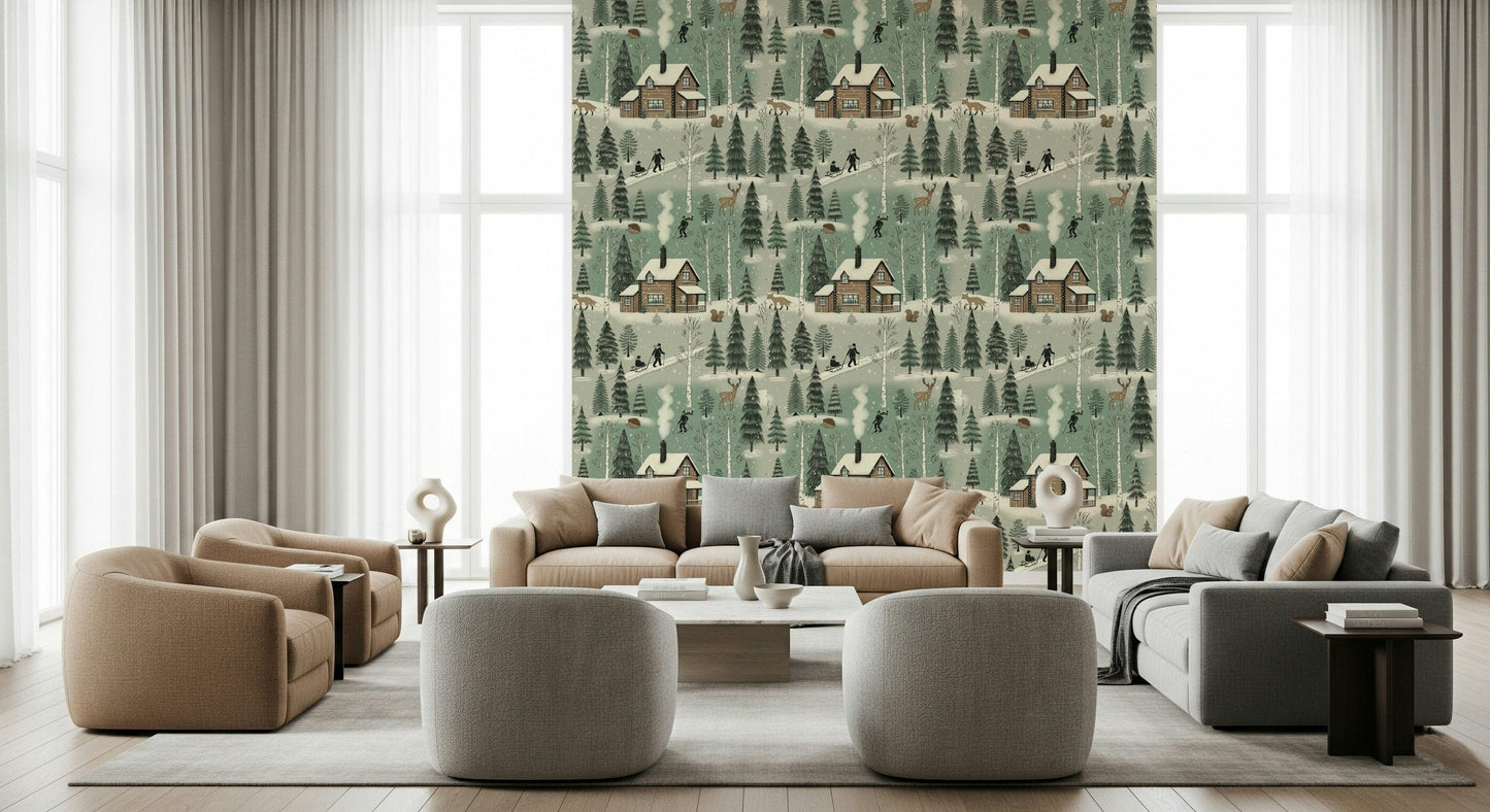 Rustic winter mural wallpaper featuring cabins surrounded by snowy landscapes.