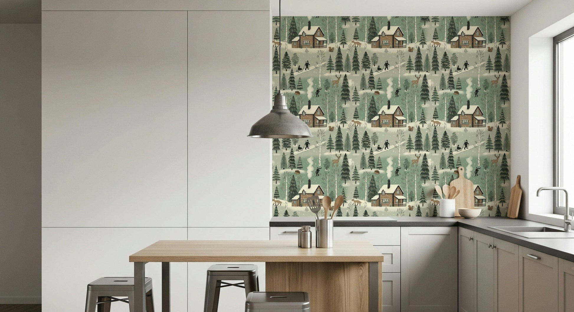 Winter Cabin Charm wallpaper with cozy cottages and snow-covered trees.