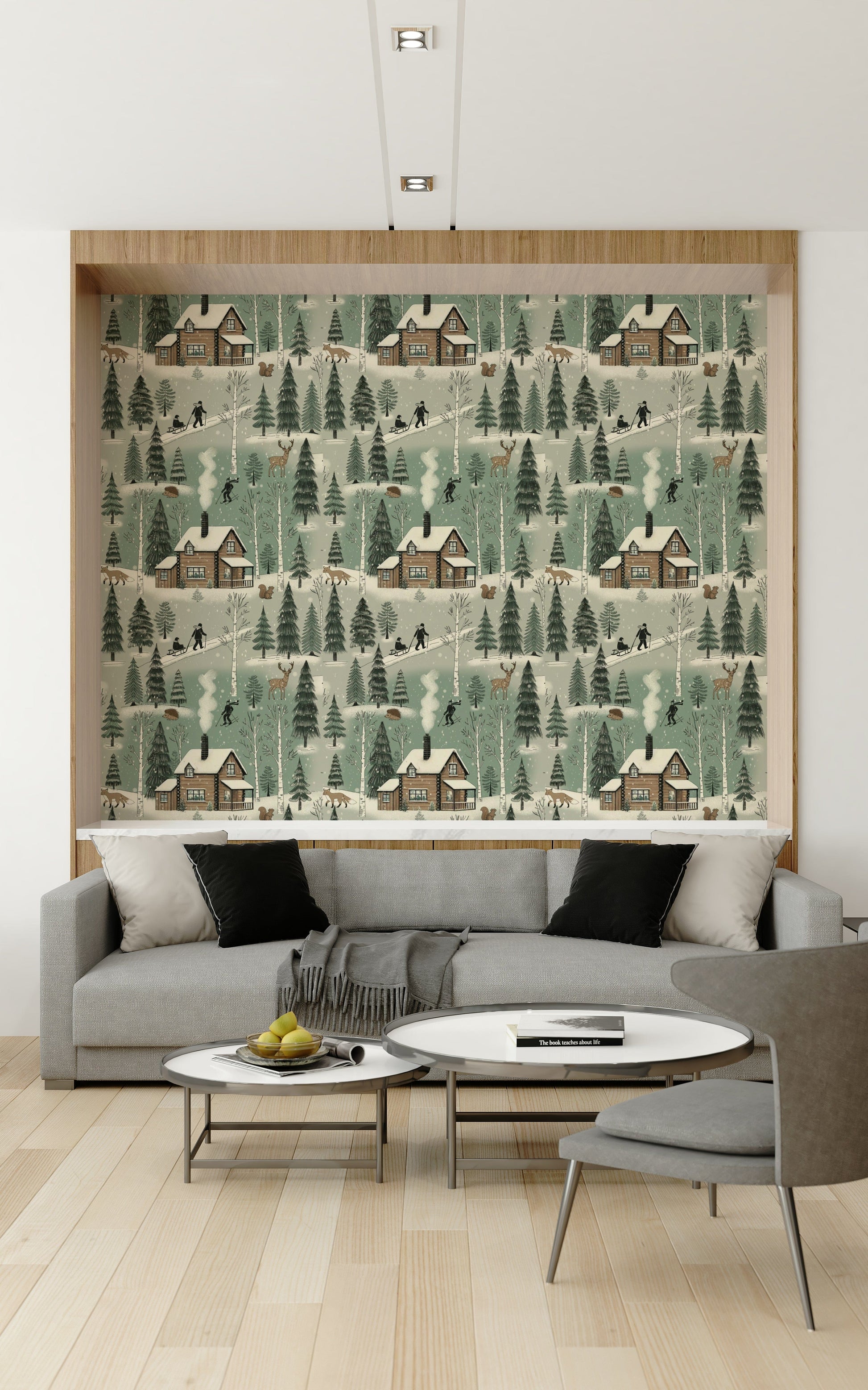 Winter Cabin Charm wallpaper featuring cozy cabin scenes in snowy landscapes.