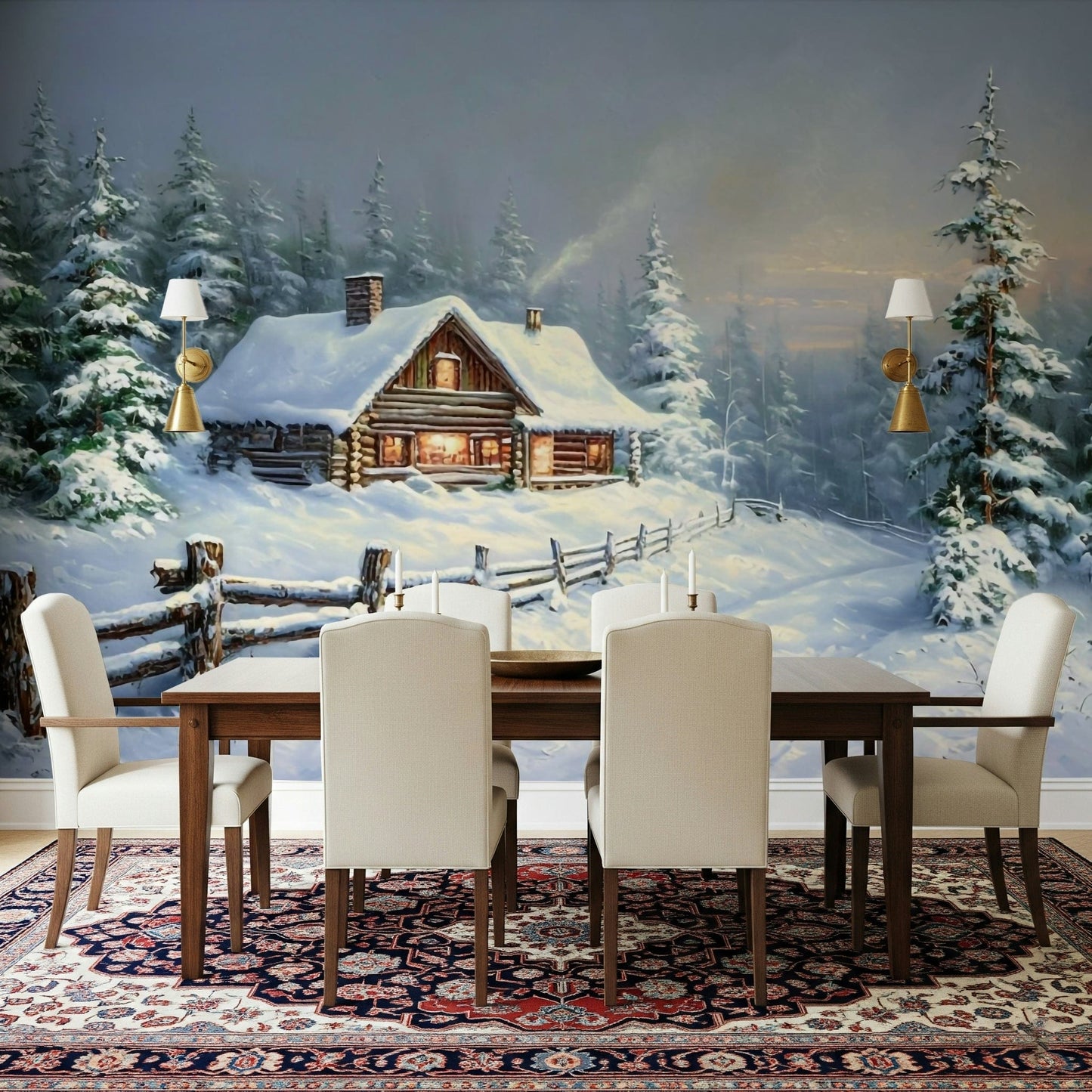 Winter’s Warm Embrace mural enhancing cozy tone in home study or reading nook