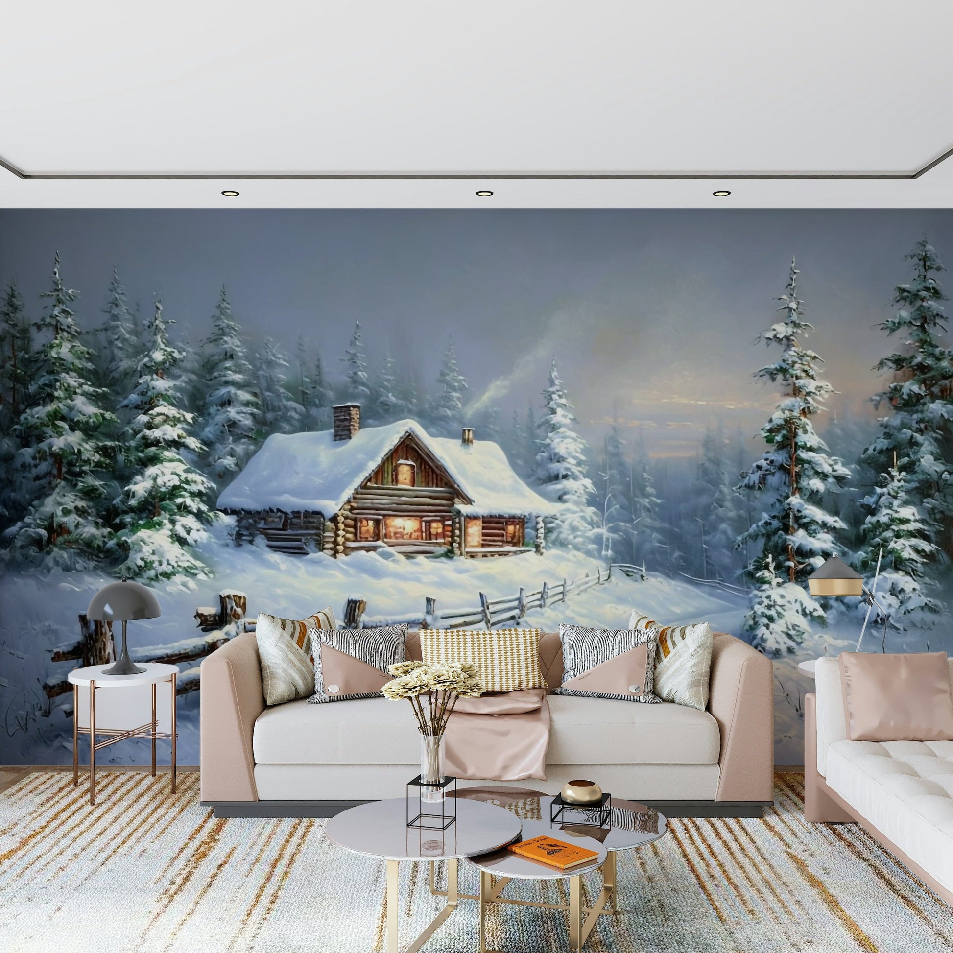 Cozy winter landscape wall mural in soft beige tones for modern living room decor