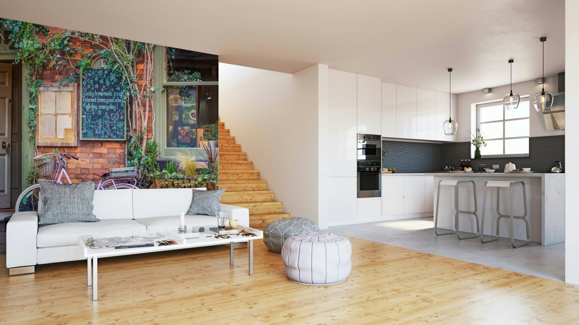 The color palette includes warm tones for the cafe, a distinct pink for the bicycle.