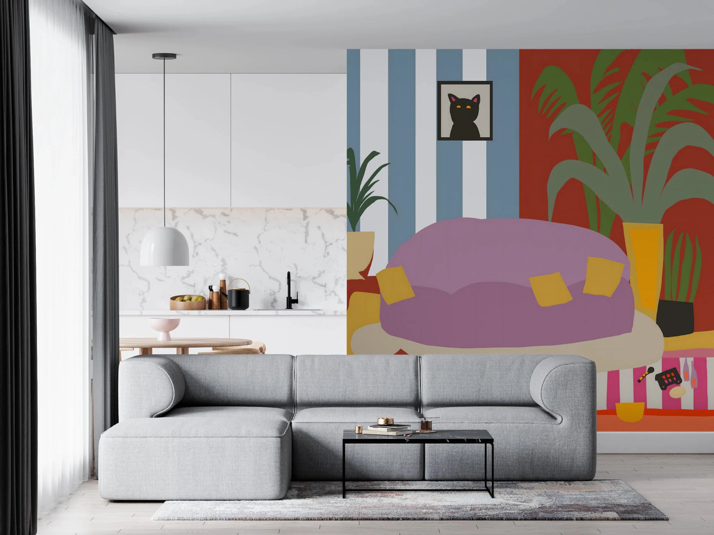 Cozy Cat Life Living Room Striped Wall Mural