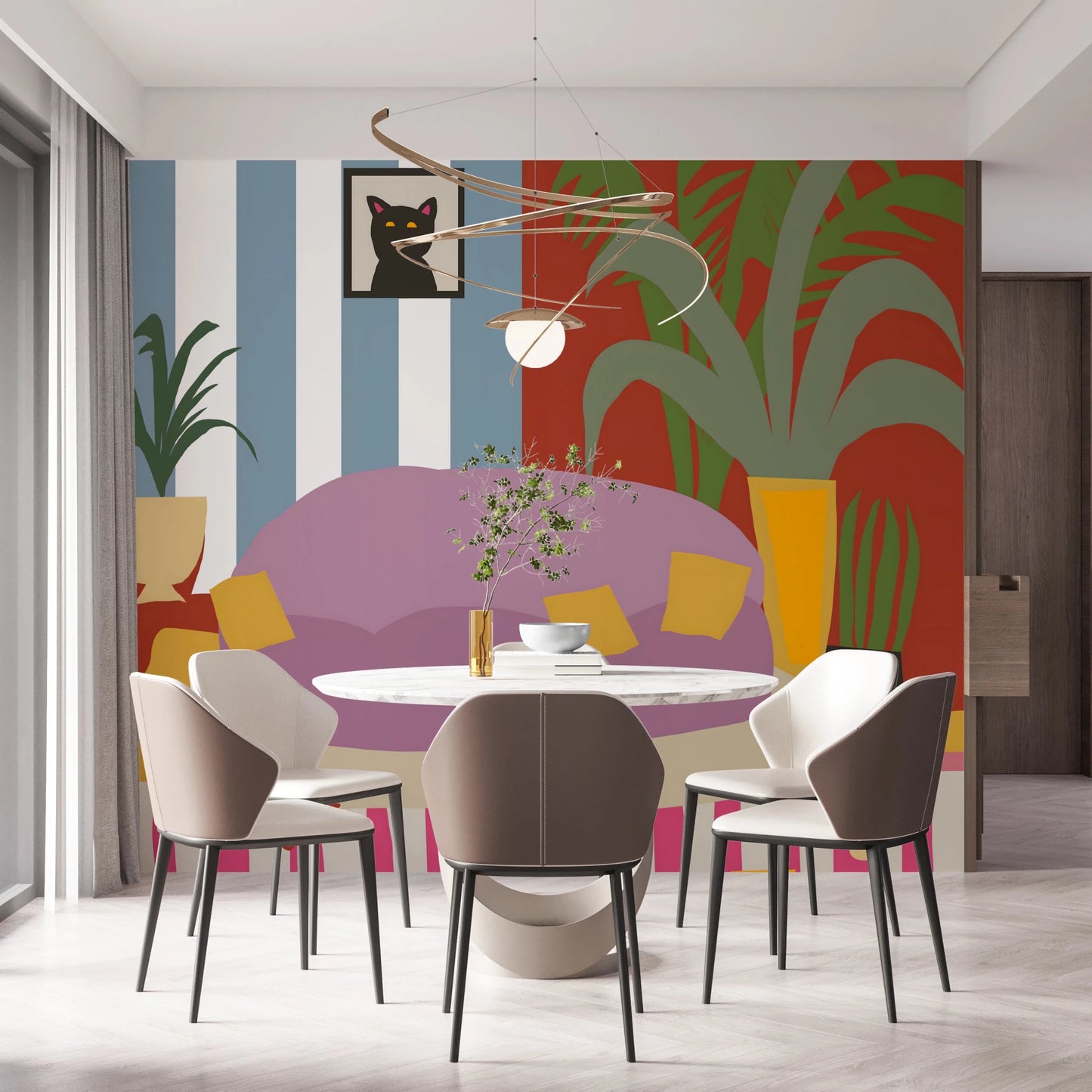 Cozy Cat Life Living Room Striped Wall Mural