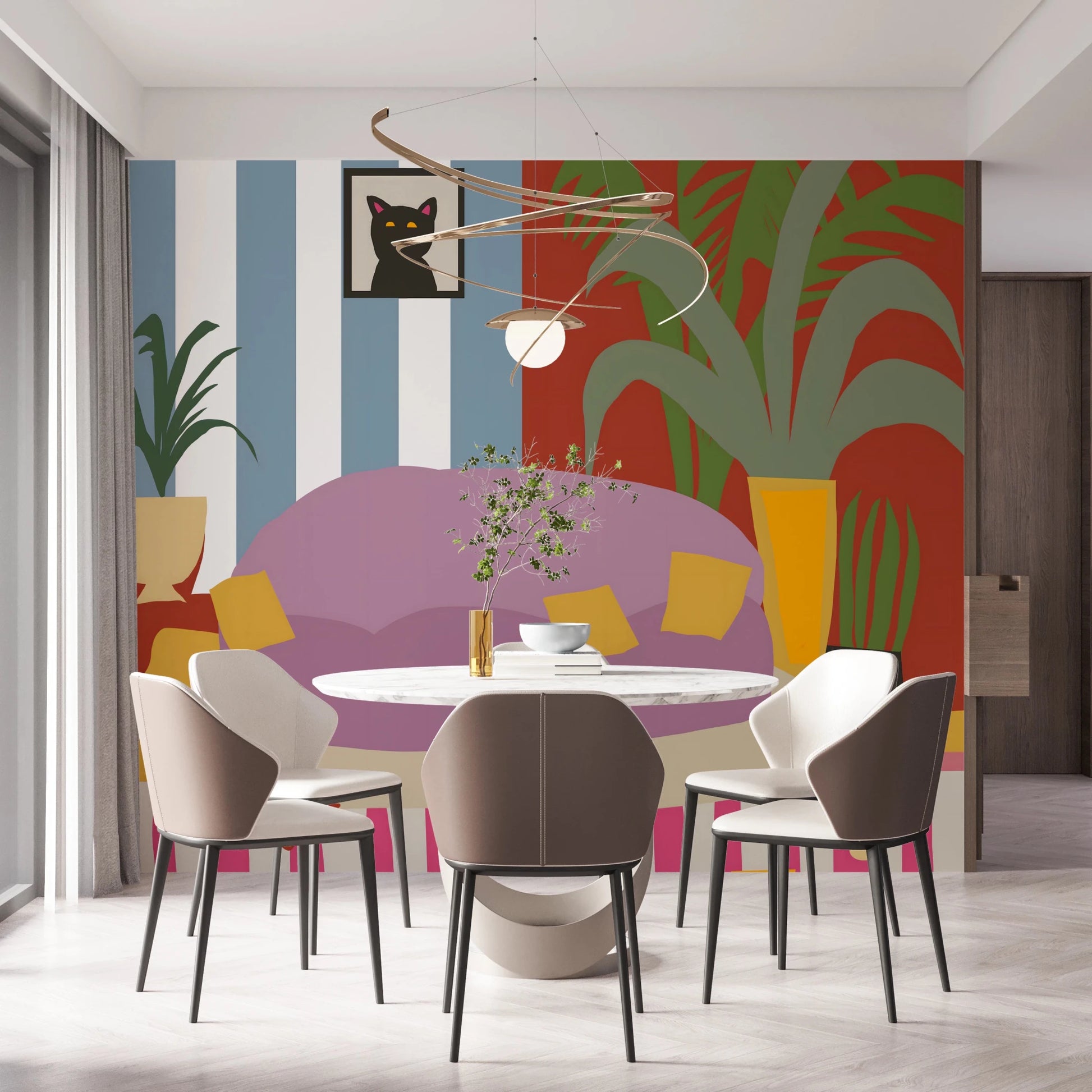 Cozy Cat Life Living Room Striped Wall Mural