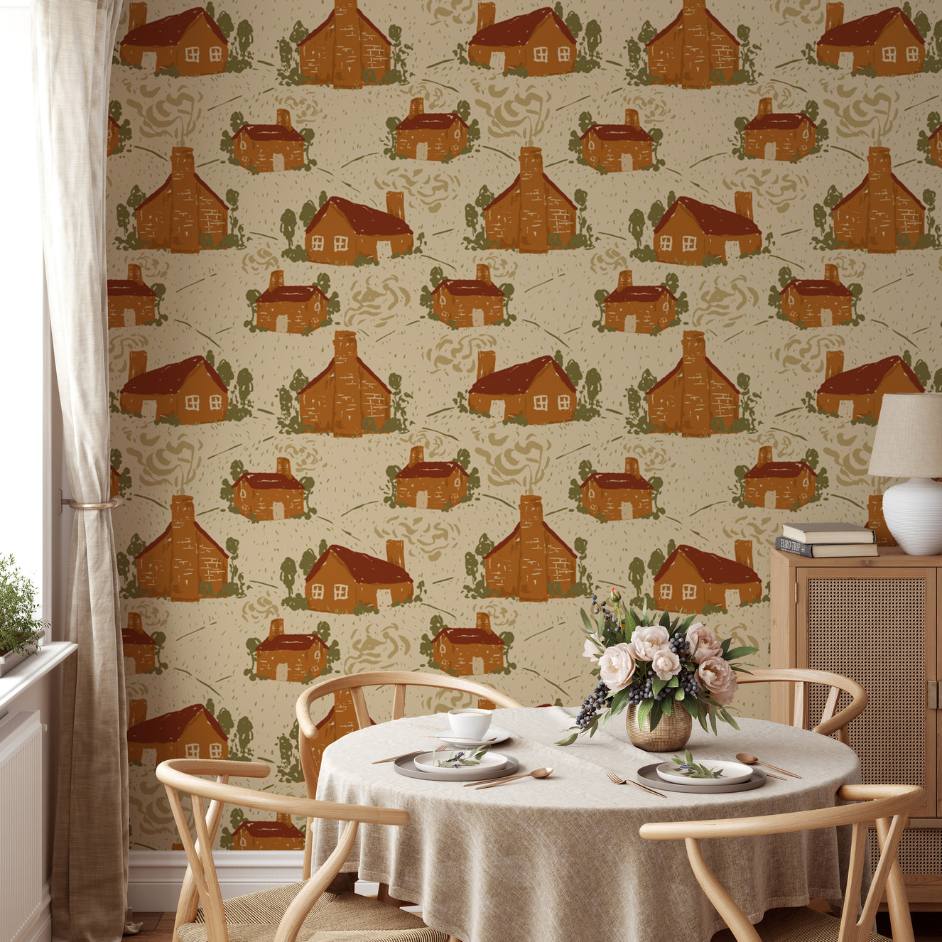 Charming cozy cottages wallpaper mural for rustic interiors.
