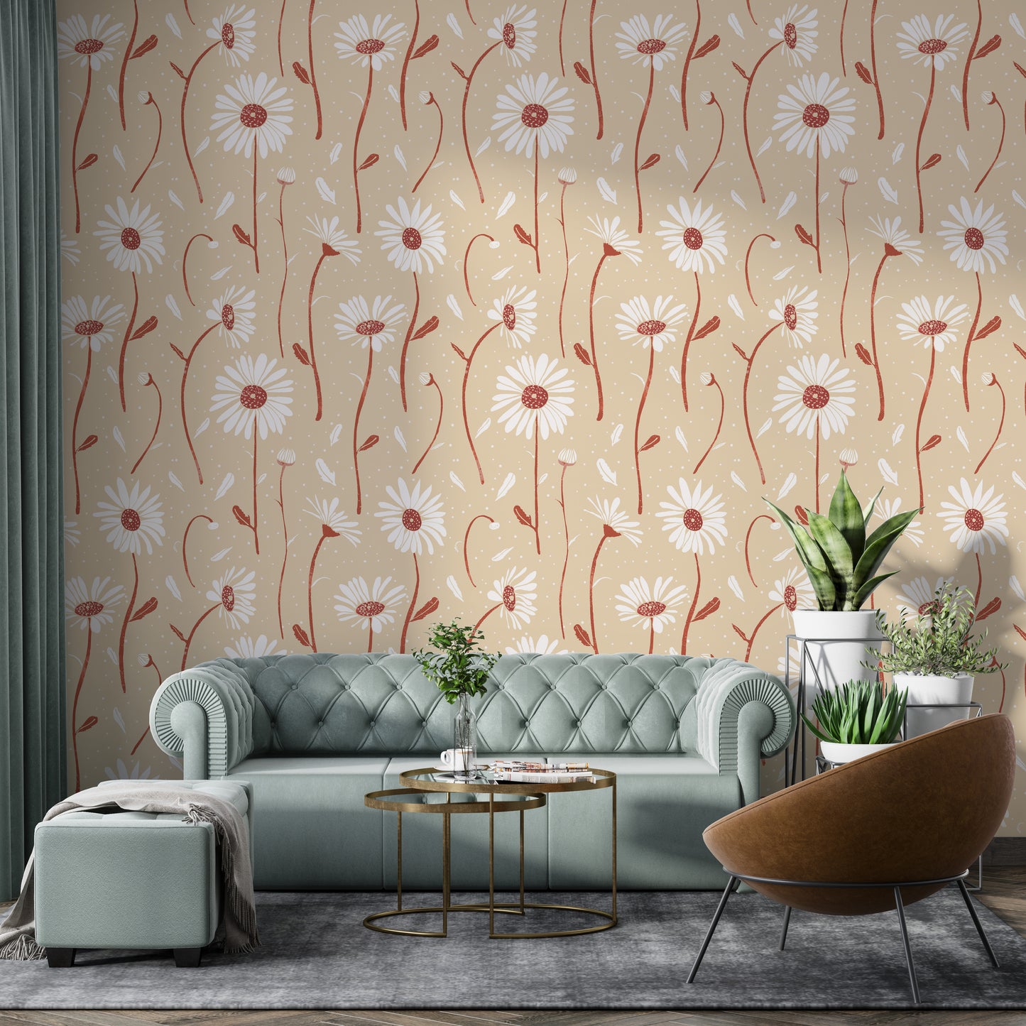 Neutral cream flower wallpaper with whimsical charm


